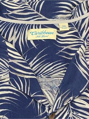 Caribbean Palm Leaf Shirt Mens 3XB Blue Silk Blend Hawaiian Short Sleeve Camp